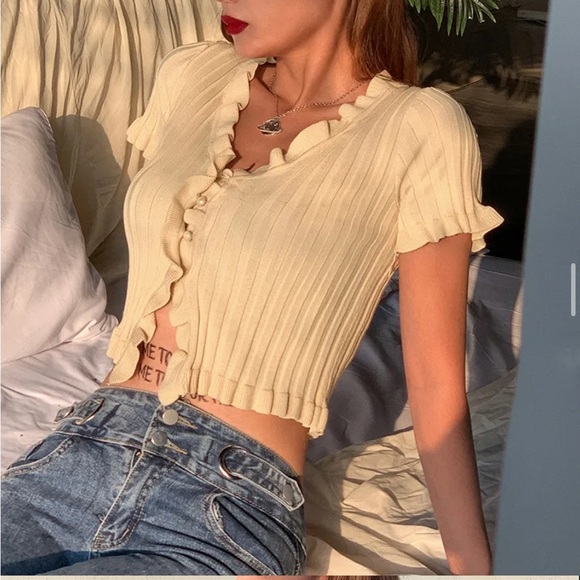 Ruffle Trim Short-Sleeved Button-Up Top - Picture 1 of 4